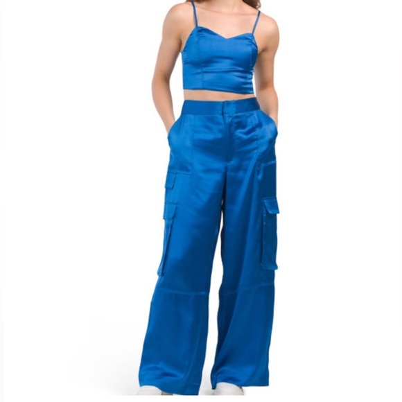 House of Harlow 1960 Pants - House of Harlow Blue Satin Cargo Pant Set
